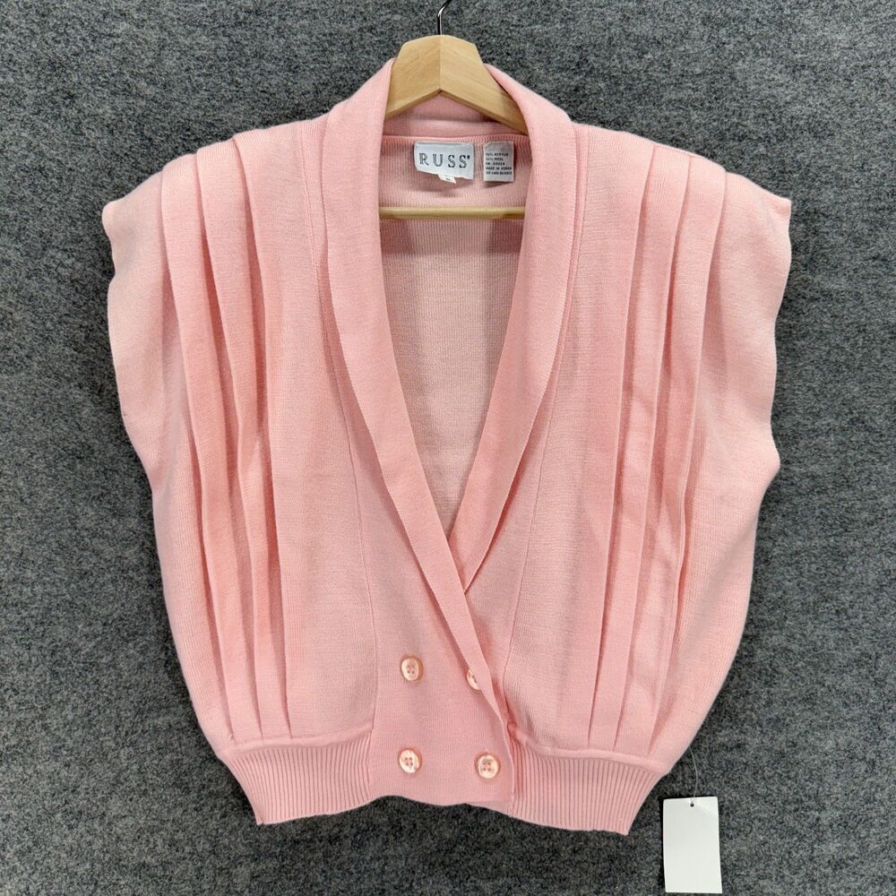 New Russ Cardigan Women S Small Pink Collared Button Sleeveless Wool Knit